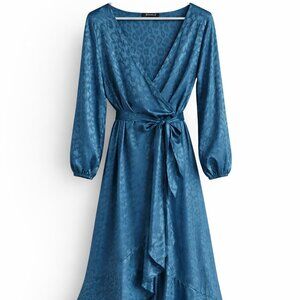 Simplee Teal Satin Leopard Wrap Midi DressTie Waist